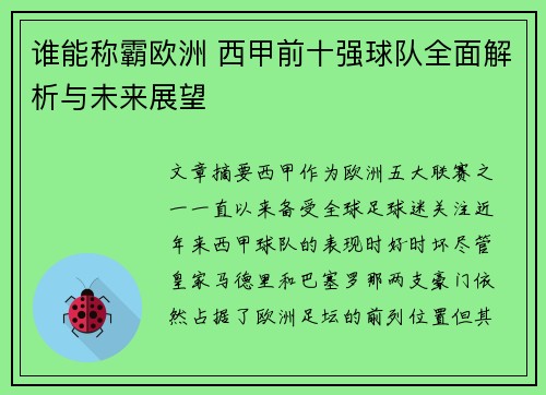 谁能称霸欧洲 西甲前十强球队全面解析与未来展望