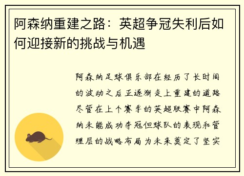 阿森纳重建之路：英超争冠失利后如何迎接新的挑战与机遇