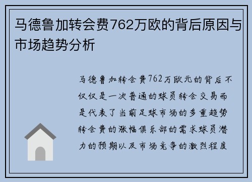 马德鲁加转会费762万欧的背后原因与市场趋势分析