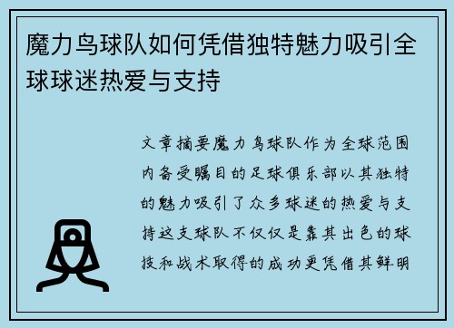 魔力鸟球队如何凭借独特魅力吸引全球球迷热爱与支持