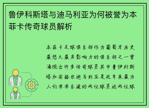 鲁伊科斯塔与迪马利亚为何被誉为本菲卡传奇球员解析